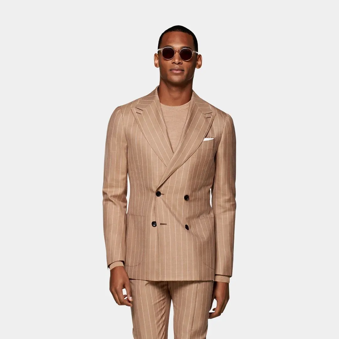 Handsome Striped Men Tuxedos Made Peaked Lapel Double Breasted Blazer Party Wedding Groomsmen Business Jacket 2 Pieces