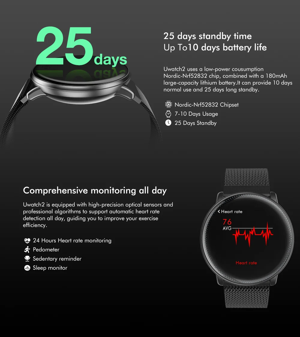 Умные часы Uwatch 2, 1,3 дюймов, полностью сенсорный экран, Смарт часы, IP67, водонепроницаемые, Reloj Inteligente, 7 спортивных режимов, полностью металлические, Unibody