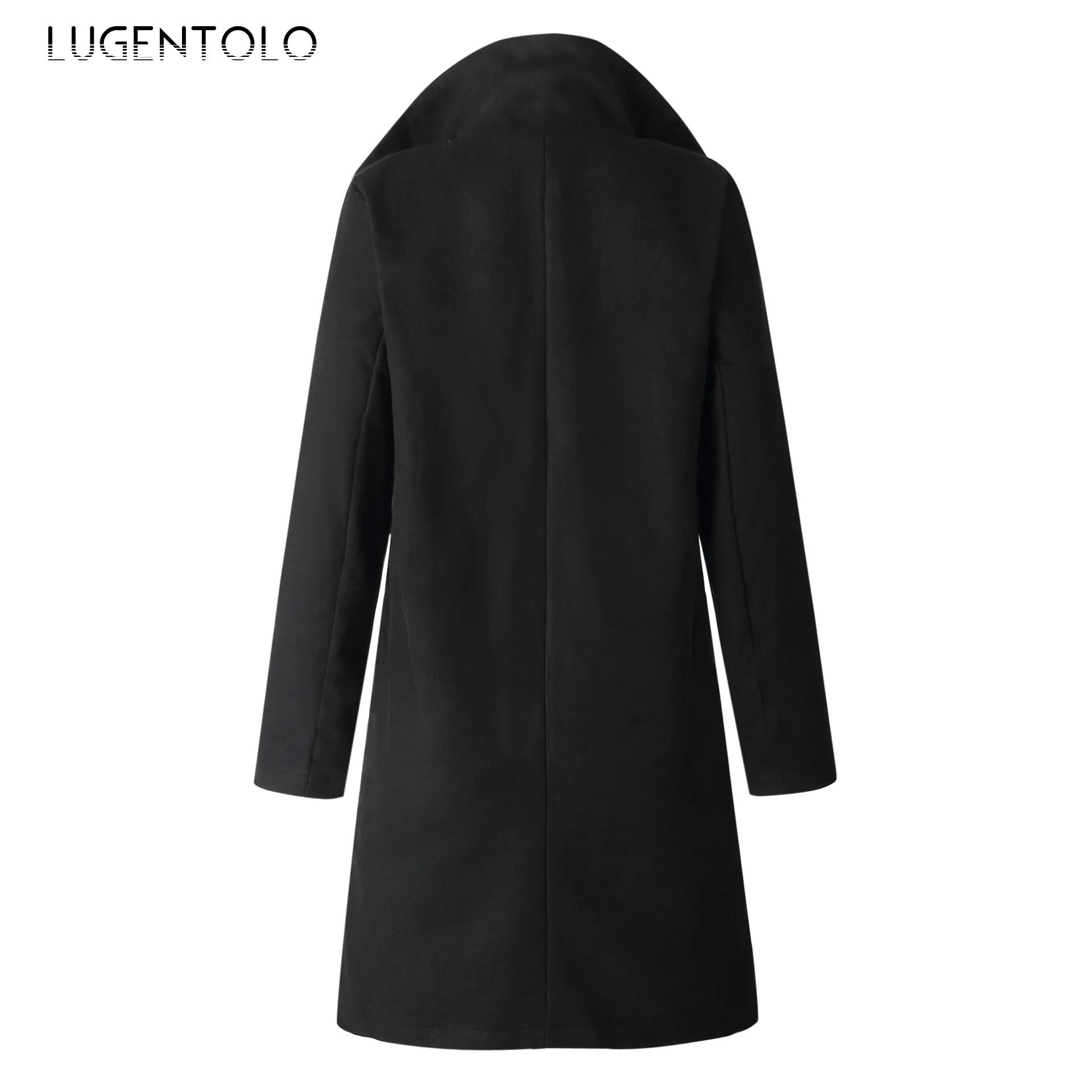 Lugentolo Women Long Coat Wool Autumn Fashion Casual Black White Solid Single-breasted Street Trend Turn-down Collar Coat