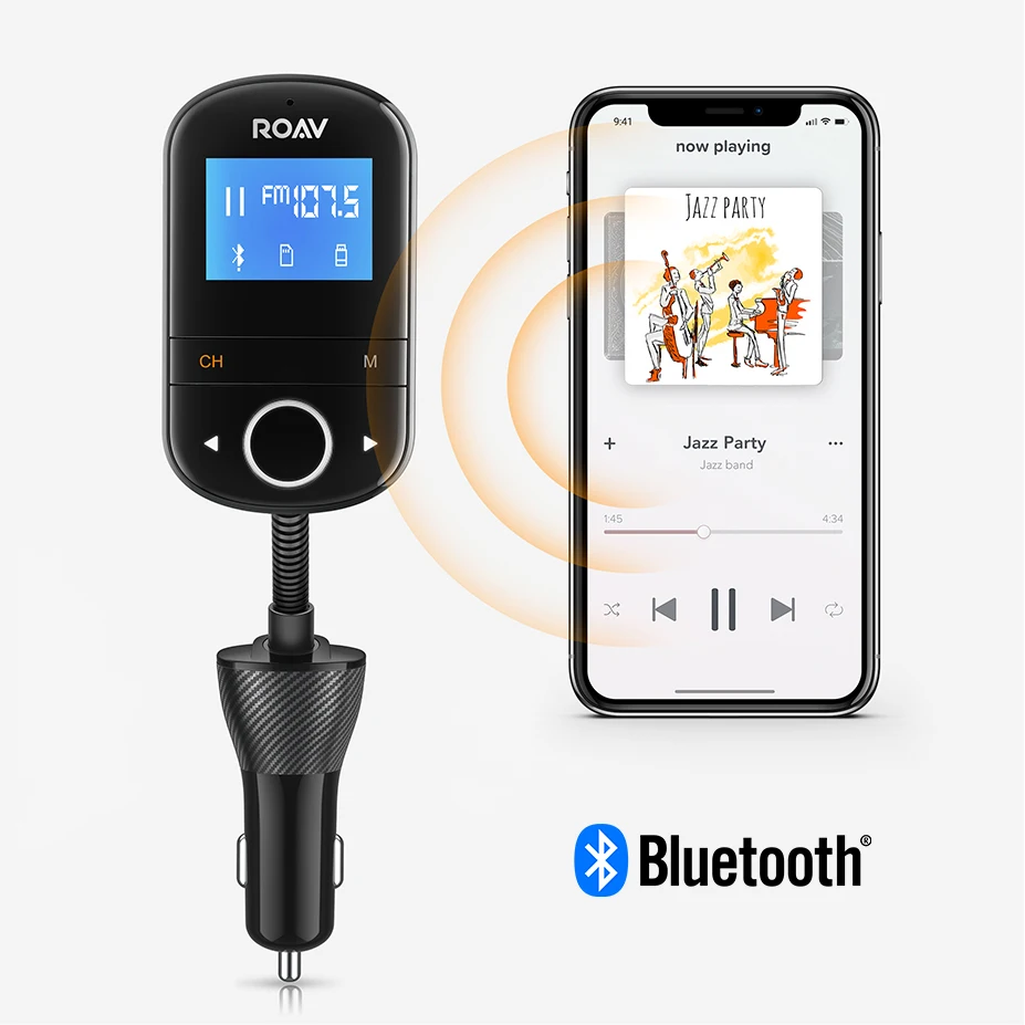Anker Roav SmartCharge F3 беспроводной Bluetooth 4,2 fm-передатчик для автомобиля, аудио адаптер и приемник автомобильный комплект, 1,44 дюймовый дисплей