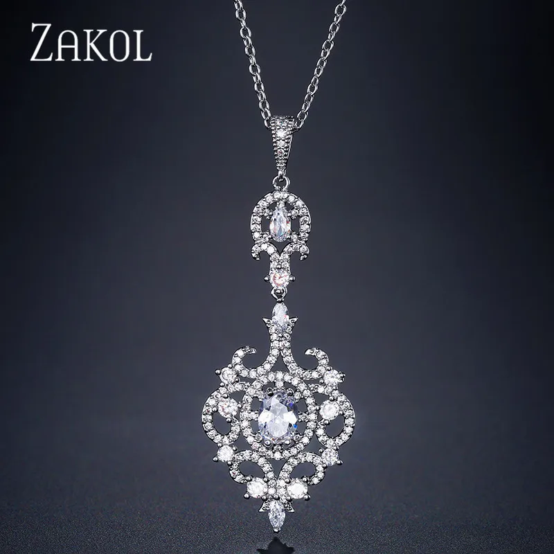 

ZAKOL Vintage Elegent Evening Dinner Part Wedding Jewelry For Brides Luxury Long CZ Crystal Big Drop Necklace FSNP2044