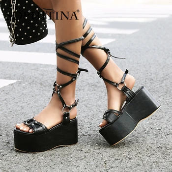 

SOPHITINA Platform Sandals Sexy Super High Heeled Lace up Strappy Wedges Slides Open Toe Breathable Club Bar Dress Shoes PO566