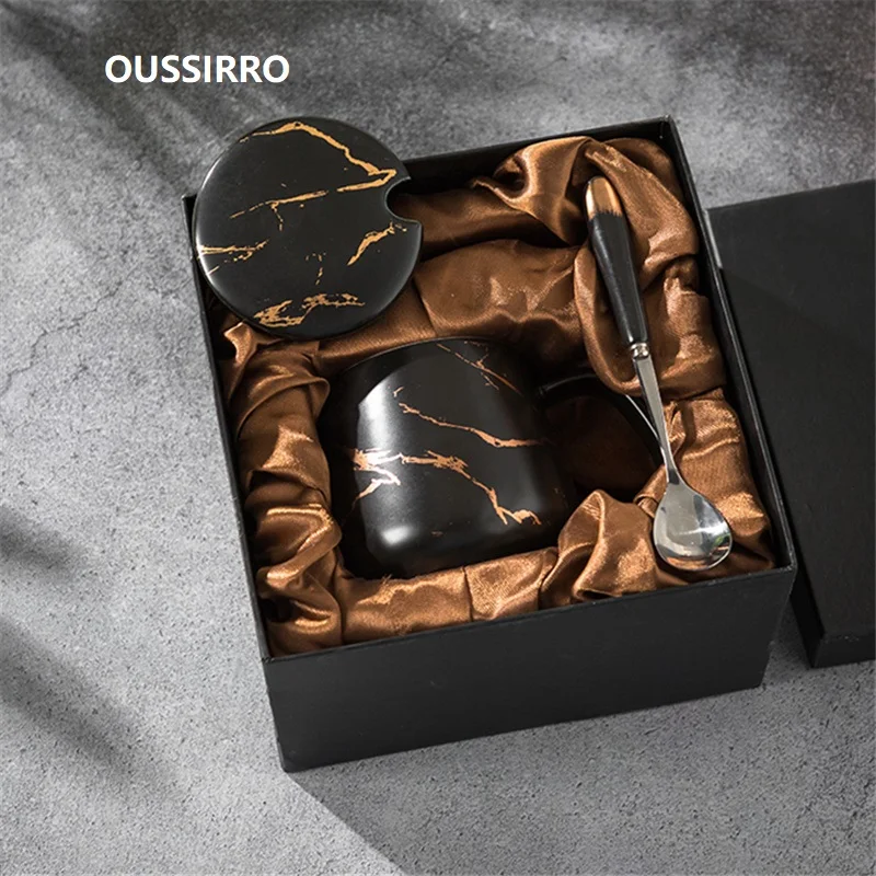 

OUSSIRRO 420ML Marble Couple Cup Ceramic Coffee Mug With spoon an Cover Creative Valentine's Day Wedding Birthday Gift