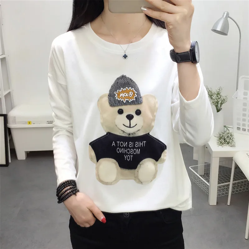 

Spring Autumn Bear Graphic T-Shirt Womens O-Neck Long Sleeve Casual Loose Fit Basic Tee Tops C349