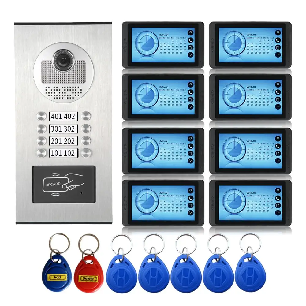 7\inch Video Door Phone Doorbell Intercom System + RFID Access Camera for 8/6/4 Family Apartment Support TF record function 7\inch Video Door Phone Doorbell Intercom System + RFID Access Camera for 8/6/4 Family Apartment Support TF record function