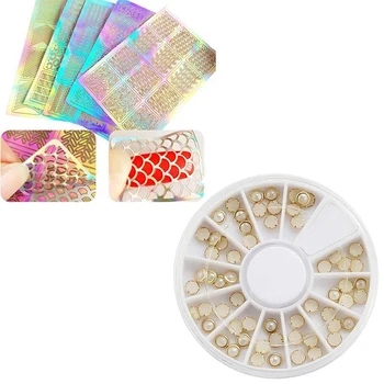 

5 Sheets Styles Nail Stencils Art Nail Stickers Set & 180pcs 5mm Nail Art Sticker Tip Decal 3D Glitter Manicure Studs