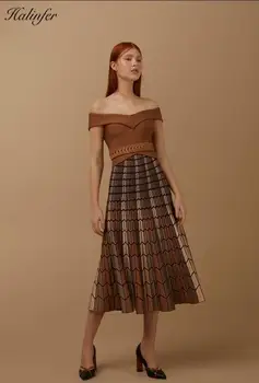 

Halinfer new summer women dress sexy bodycon slash neck acquard weave bandage formal homecoming party brown dresses vestidos