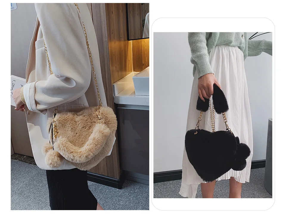 Милым принтом «сердце», Для женщин плюшевая сумка удобно ощущается удобен в ношении искусственная меховая сумка Сумки через плечо сумка для Для женщин сумка 6 цветов