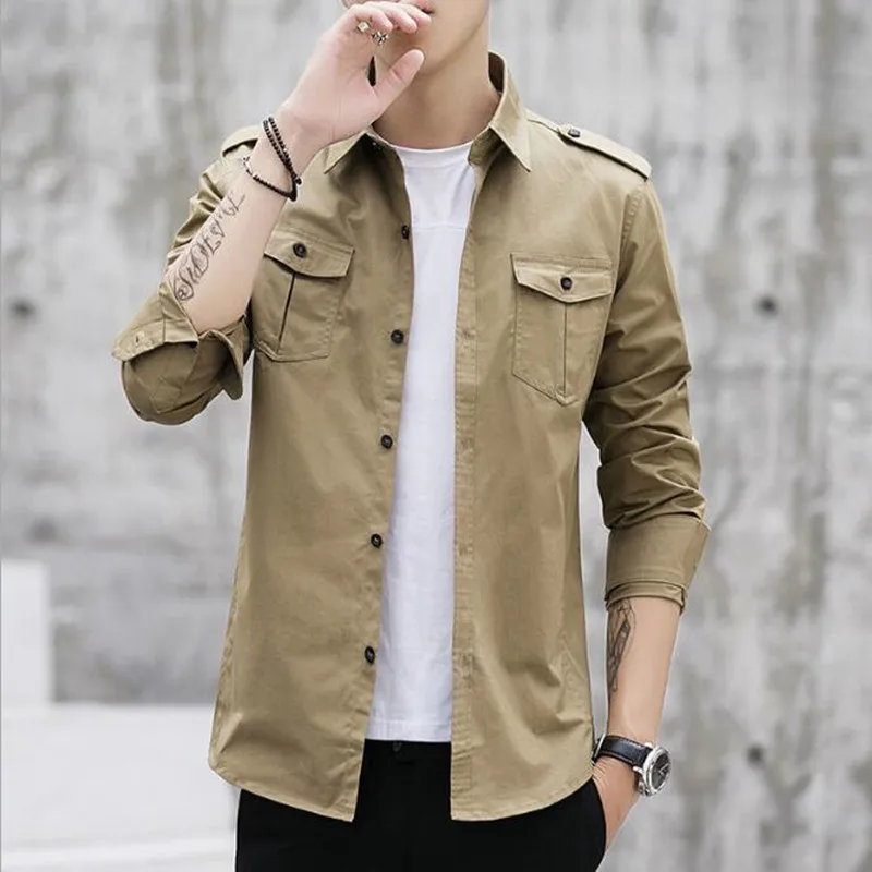 

Men Shirt military Mens Long Sleeve Slim fit camisa masculina Khaki Army green Blue Shirt High Quality Shirt men Plus size M-5XL