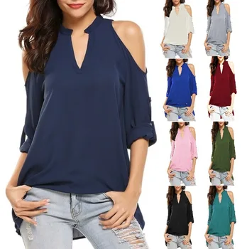 

clothing OWLPRINCESS 2019 Plain T-shirt V-neck Exposed Shoulder Long Sleeve Loose Chiffon Shirt Women