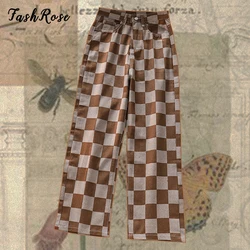 Fashrose xadrez do vintage 90s estético baggy jeans denim cintura alta marrom urbano skater menina estilo calças retas xadrez 2022