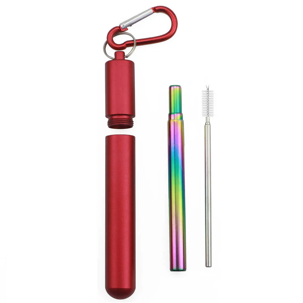 Red Case Rainbow Телескопическая соломинка для питья для путешествий, портативная складная металлическая соломинка для питья, соломинка из нержавеющей стали 304, чехол с кисточкой - Цвет: Red Case Rainbow