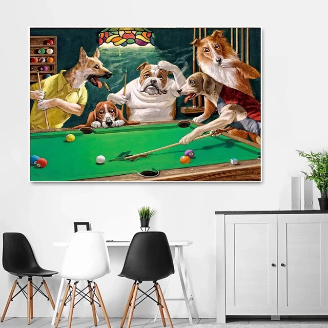 Dogs Playing Billiard and Poker Fun Paintings Printed on Canvas 5