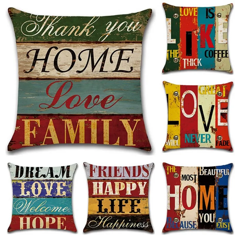 

Vintage Mediterranean Hand-Painted Letters 45*45cm Cushion Cover Linen Throw Pillow Car Home Decoration Sofa Pillowcase