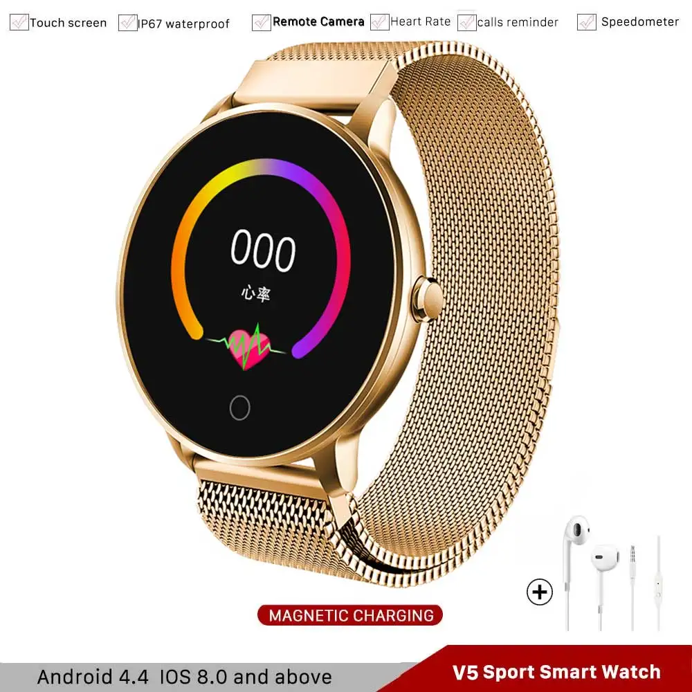 

2019 V5 Smart Watch Android Woman For Huawei Blood Pressure oxygen Waterproof Call Reminder Push Stainless Steel Gold Smartwatch