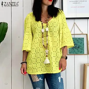 

Blusas Top 2020 ZANZEA Summer V Neck Tunic Tops Women Casual Flare Sleeve Shirt Lace Crochet Hollow Bohemain Party Blouse Female