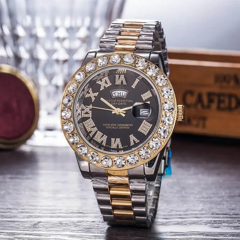 President Day Date Gold Perpetual Luxury mens watch Big diamond Bezel Gold Stainless steel original strap Automatic men Watches - Цвет: 10