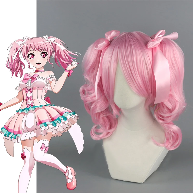 

Anime BanG Dream! Maruyama Aya Wig Pastel Palettes Curly Long Pink Pontails Synthetic Hair Halloween Role Play