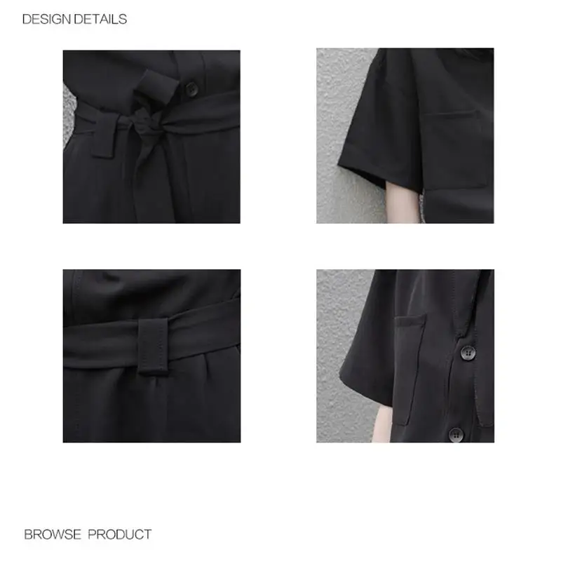 Spring and Autumn women's new scarf tie collar symmetrical pocket short sleeve solid color waist tie tight short sleeve jumpsuit