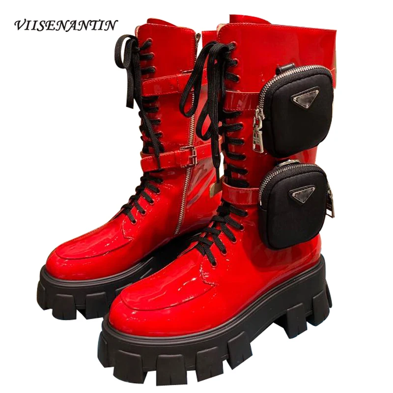 Женские ботинки с круглым носком красные дизайнерские мотоциклетные до середины