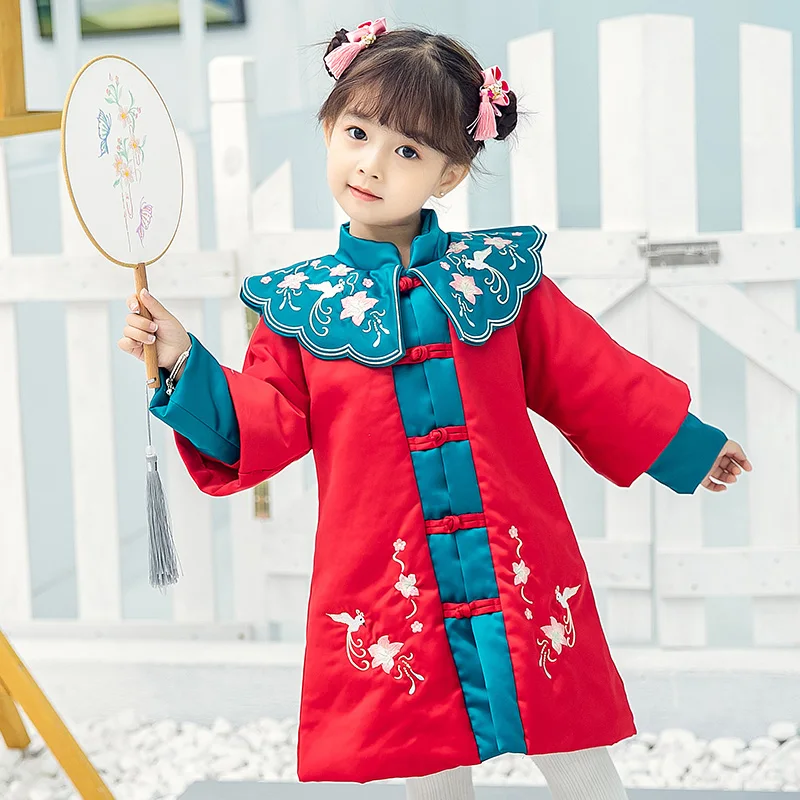 Стеганое платье Hanfu для девочек зимнее сохраняющее тепло детское с вышивкой