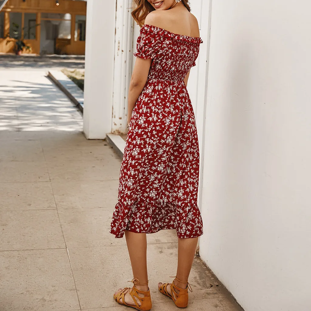 vestidos женское платье Bohe цветочный принт бандо без бретелек короткий рукав сарафан сексуальное платье ropa mujer sukienki robe
