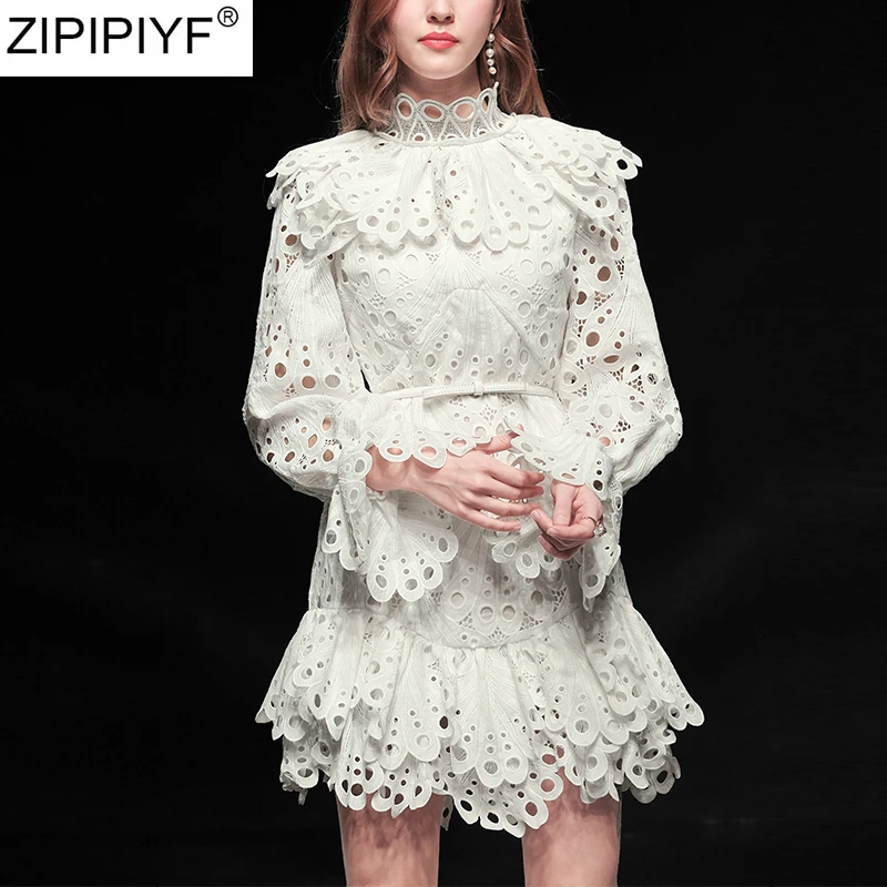 New Fashion Designer Sexy Hollow Out White Lace Dress 2020 Women Stand Collar Full Lantern Sleeve Ruffles Dresses Vestidos | Женская