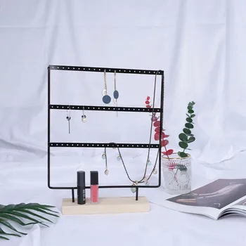 

New Fashion 66 Holes Noble Earrings Organizer Jewelry Display Wooden Stand Three Layer Earrings Holder Rack Black Iron Hook