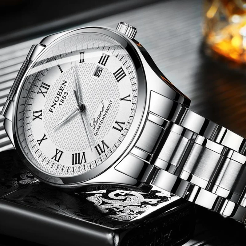 

FNGEEN Brand Silver Roman Number Stainless Steel Quartz Watch Men's Date Calendar Display Clock