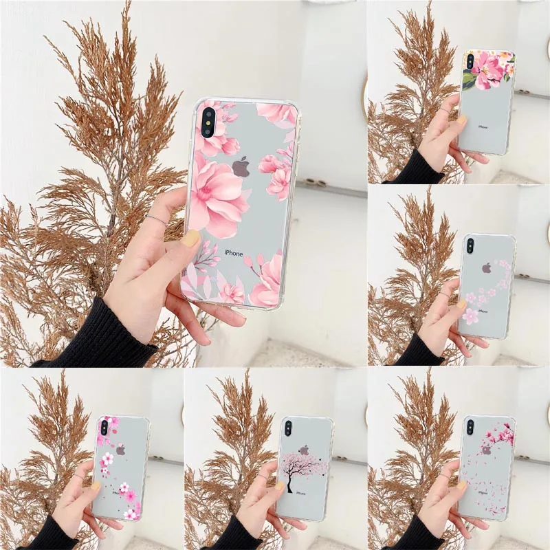 Cute Japan Cherry Blossoms Rose Flowers Soft Silicone Phone Case For iPhone 12 11 11Pro MAX 6 6s 7 8 Plus 5 X XS Max XR Cover | Мобильные