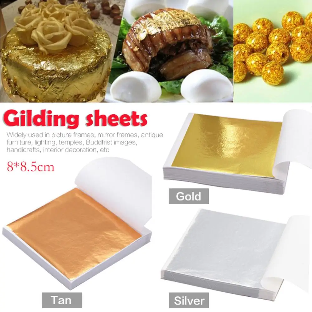 100pcs Gold Silver Foil Paper Leaves Sheets Gilding DIY Art Crafts Decor Design Cake Decoration Cookie Wrapping Supplies