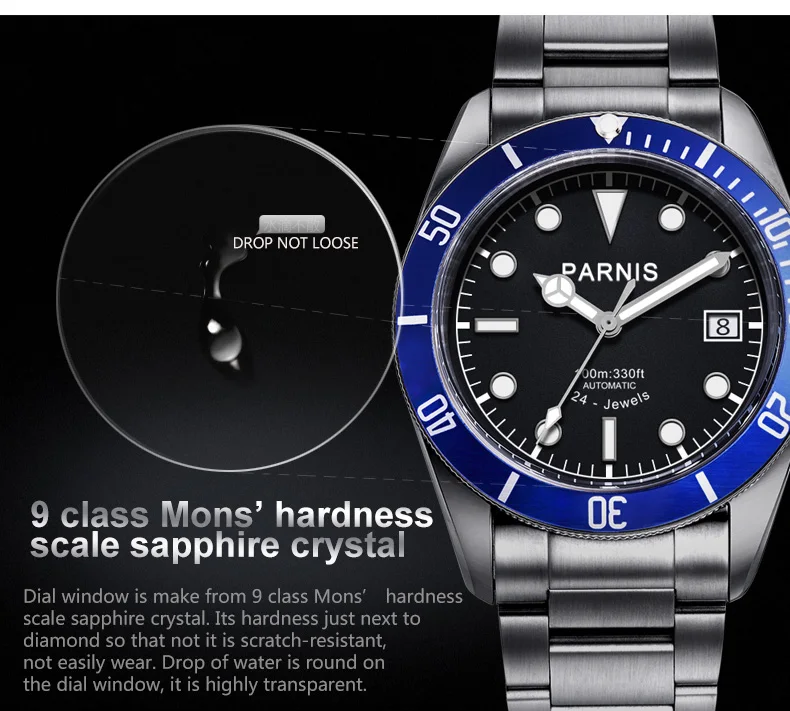 Parnis 41 мм часы Мужские автоматические полностью из нержавеющей стали светящиеся 21/24 Jewle Элитный бренд, механические наручные часы Oyser Case