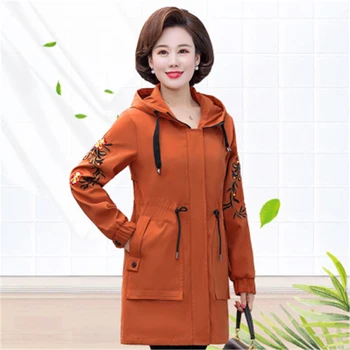 

Spring Autumn New Plus Size Loose Women's Clothing Embroidery Hooded Jacket Cotton Casual Long Windbreaker Coat Female T513