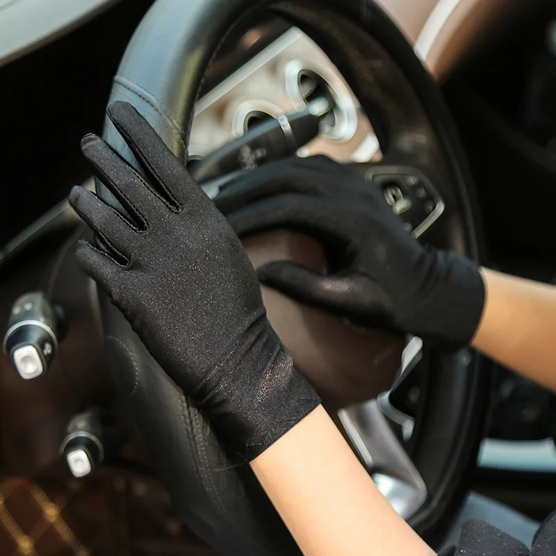 

Summer Thin Sun Protection Gloves Pearlescent Shiny Women Etiquette Dance Gloves Solid Color Elastic Cycling Driving Glove New