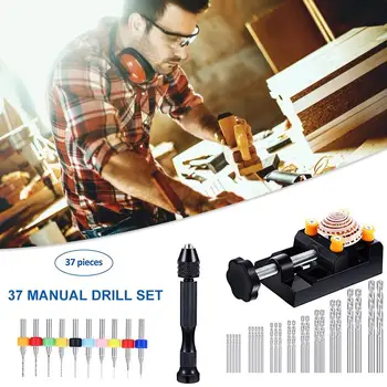 

37 Pieces of Hand Drill Set with Mini Drills Durable Twist Drills and Bench Vice Sturdy Craft Carving DIY Tool Set