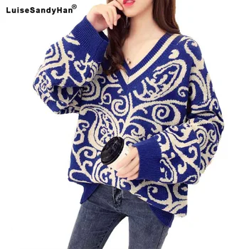 

2019 autumn and winter retro ethnic style V-neck long-sleeved sweater women's head college wind knit top