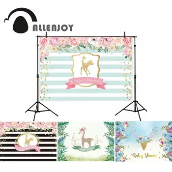 

Allenjoy birthday photography backdrop gold deer butterfly flower party green stripe photo background studio photocall custom
