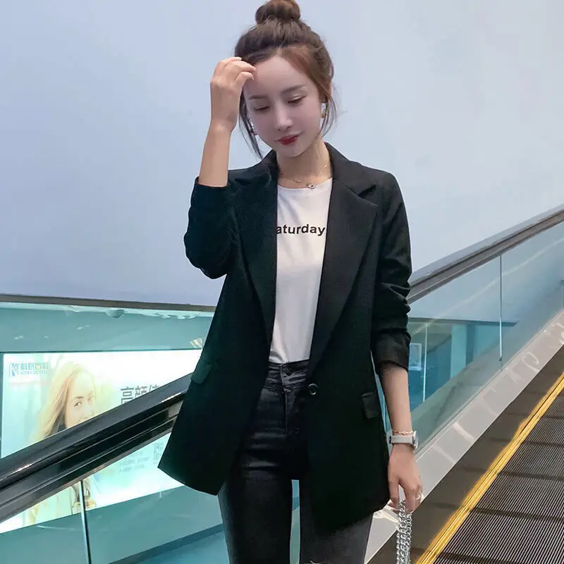 Женские блейзеры в Корейском стиле, женская повседневная одежда на одной пуговице, Офисная Женская одежда, приталенный Универсальный черный блейзер, шикарный однотонный