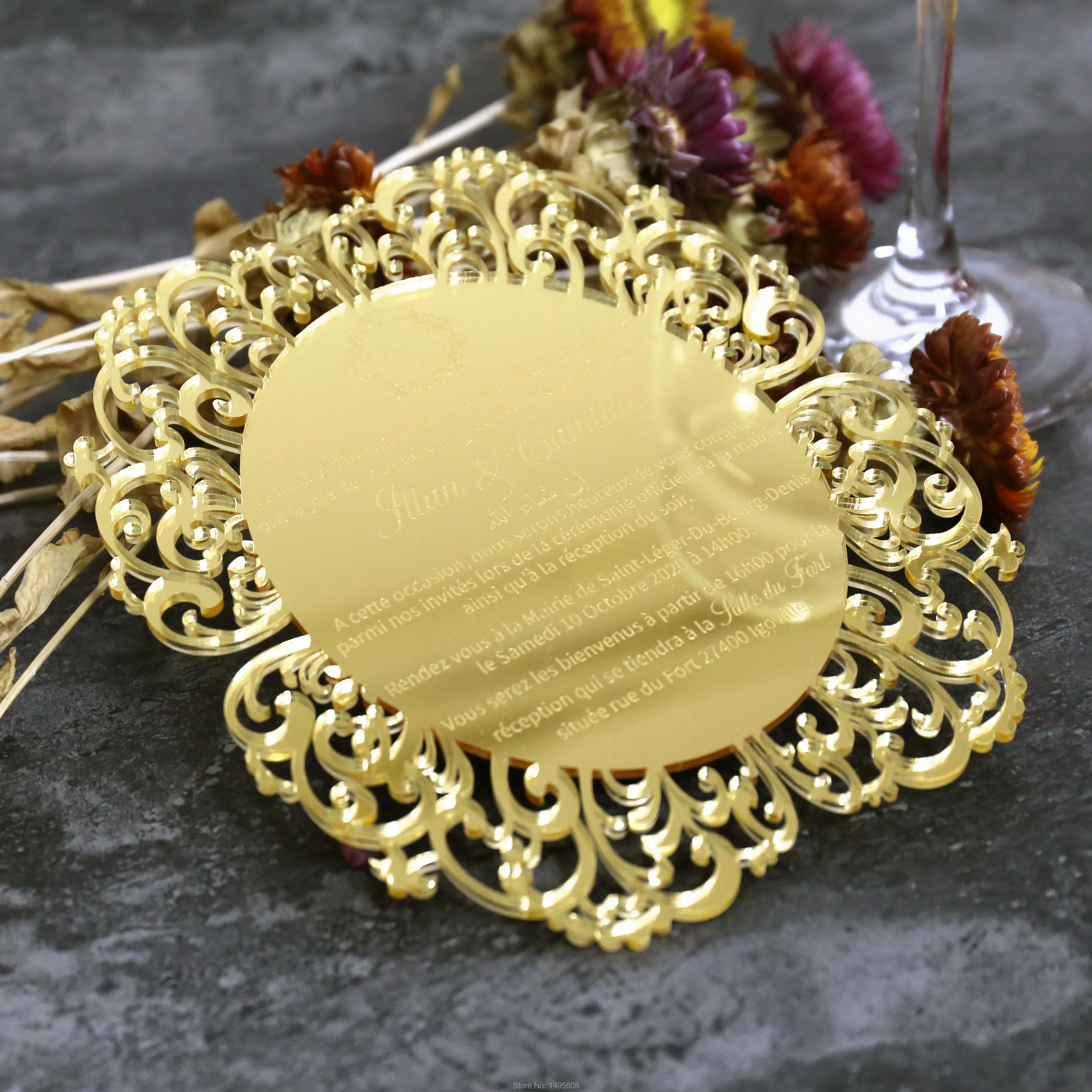 Mirror Gold wedding menu, Laser Cut Modern Style Wedding invitation ,Personalize wedding menu for guests, Mirror gold table menu