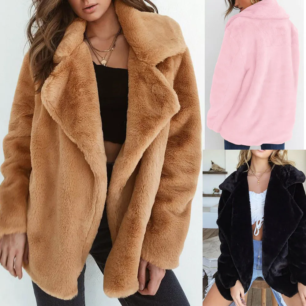 Женское пальто из искусственного меха, осенне-зимняя пушистая плюшевая куртка, пальто размера плюс, верхняя одежда с длинным рукавом, короткое пальто с отложным воротником, Женская куртка
