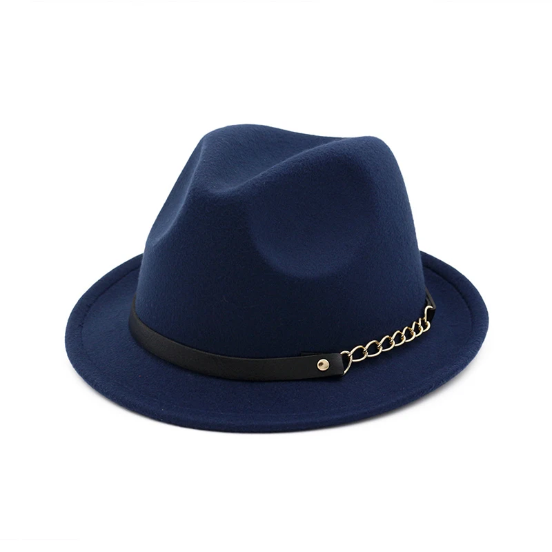 Navy fedora FS Новая модная мужская шляпа Fedoras Женская джазовая шапка Зима Весна черная Шерстяная кепка Уличная Повседневная шляпа ремень с металлической пряжкой - Цвет: Navy fedora