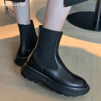 

Women's real leather elastic patchwork slip-on platform flats ankle boots leisure thick sole platform chelsea short boots shoes