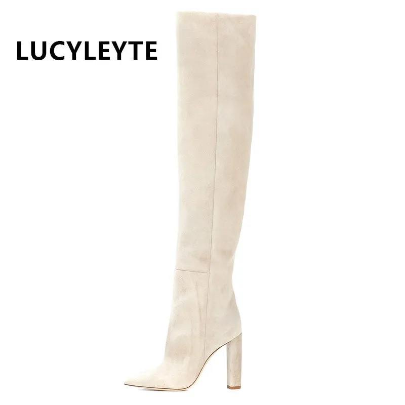 Women's knee-length suede high boots pointed toe thick heel set foot long boots ladies large size winter high heel boots