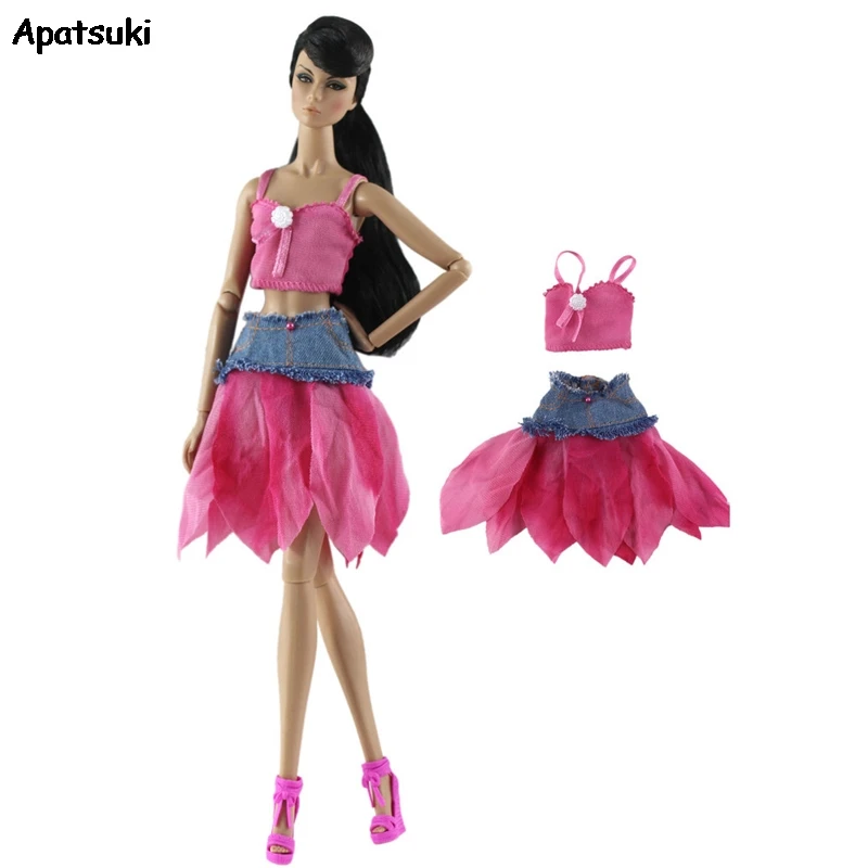 

PINK Sleeveless Backless Tops + Short Jean Dress Outfits Clothes for Barbie Doll Clothing Dress for Barbie BJD Dolls Accessories