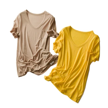 

Women's Silk Tee T-Shirts Jersey Short-Sleeve Open Crew Neck Loose Casual Cozy Knit Lyocell Silk Pocket Candy Colors Summer Tops