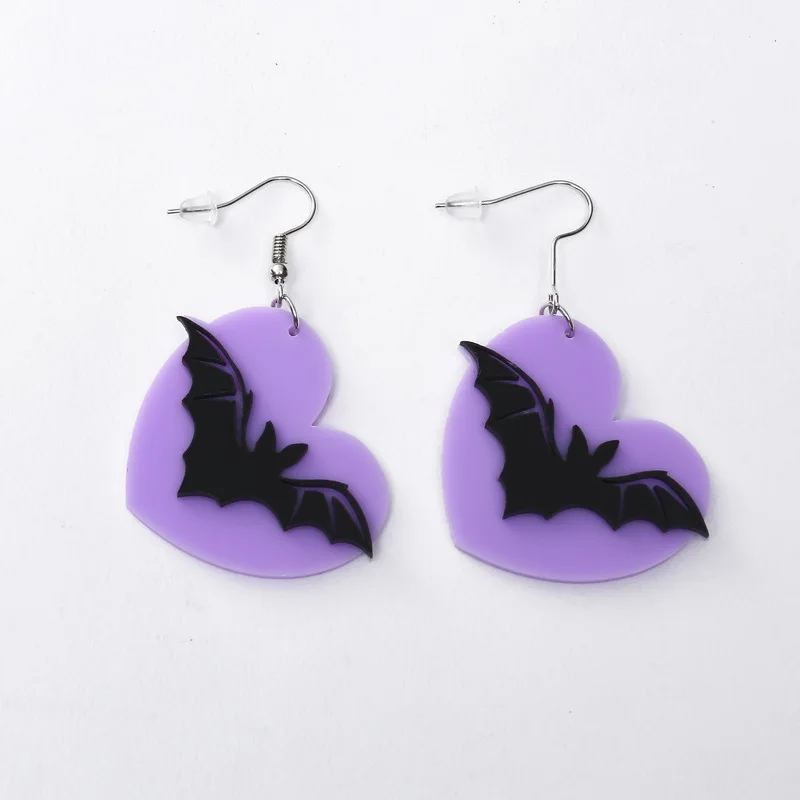 

New Arrival Creative Cute Purple Peach Heart Love Black Bat Acrylic Dangle Drop Earrings Funny Halloween Fashion Jewelry Women