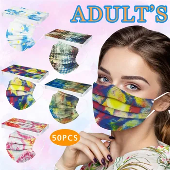 

50pcs Disposable Adult Tie-dye Printing Face Mask Three-layer Nonwove Protective Masks With Design Breathable Earloop Masque