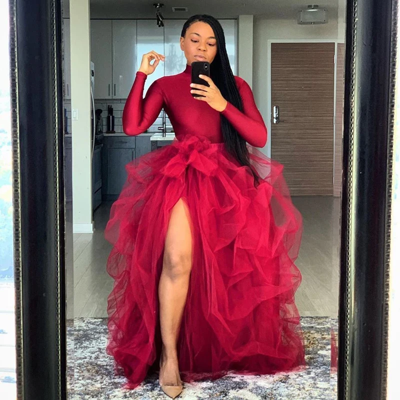 

Женская вечерняя юбка, красная бальная юбка с высоким разрезом и молнией на спине