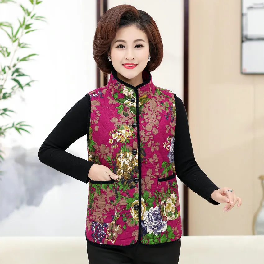 Восточный цветочный стеганый жилет для женщин с воротником стойкой теплый легкий мамы красный синий без