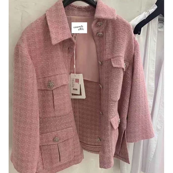 

Cosmicchic 2020 Runway Women Tweed Jacket Single Breasted Pink Plaid Pocket Short Coat Weave Jackets Elegant Office Clothes